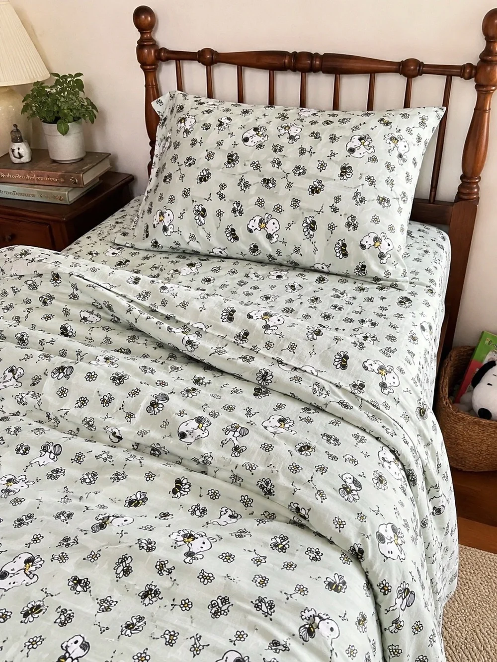 NWT Peanuts Snoopy & Woodstock Twin Sheet Set Sage Green Microfiber Berkshire